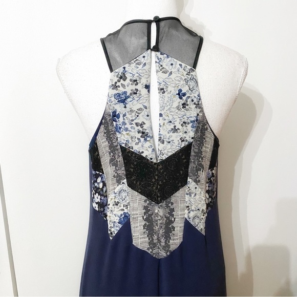 𝅺BCBGMAXAZRIA RUNWAY ZUZANA NAVY LACE FLORAL PATCHWORK SLEEVELESS BOHO DRESS - Picture 7 of 11